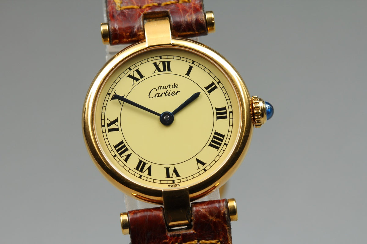 Near MINT Cartier Must de Vendome SM 24mm 590004 Vermeil Quartz Roman Women's