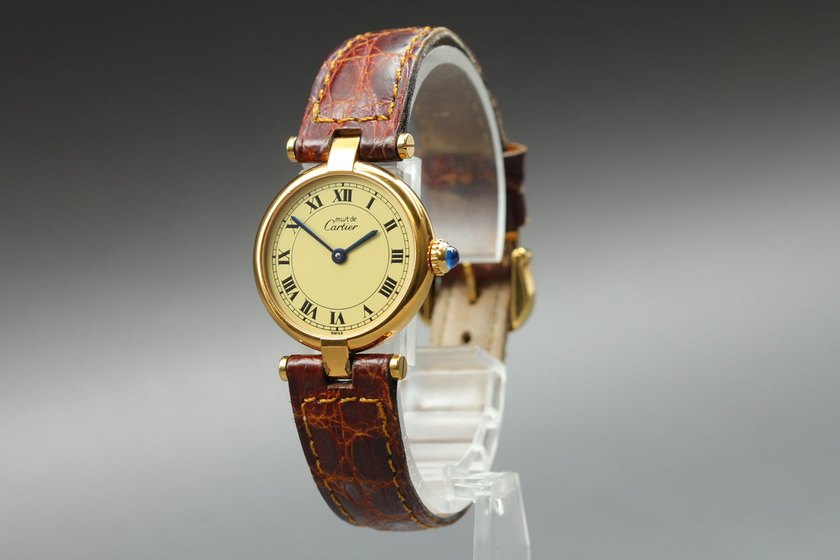 Near MINT Cartier Must de Vendome SM 24mm 590004 Vermeil Quartz Roman Women's
