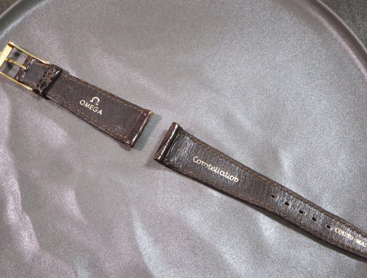 Near MINT OMEGA Constellation Vintage Brown Leather Strap 20mm Gold Buckle Men's