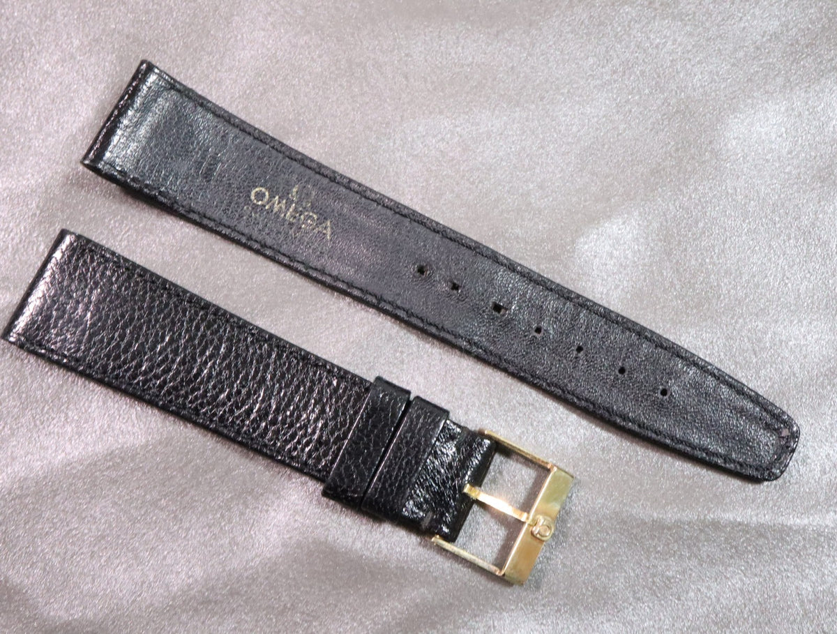 Near MINT OMEGA Vintage Genuine Black Leather Strap 19mm Gold Buckle Men's #2705