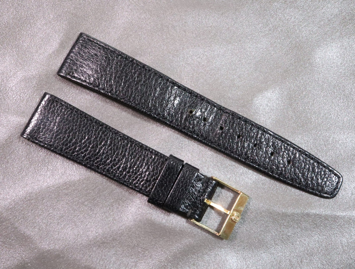 Near MINT OMEGA Vintage Genuine Black Leather Strap 19mm Gold Buckle Men's #2705