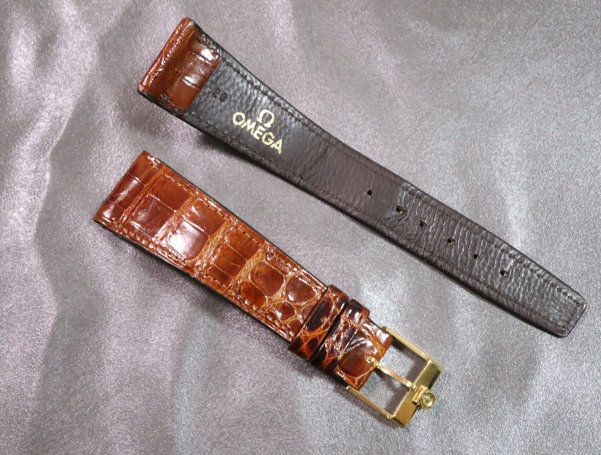 Near MINT OMEGA Vintage Genuine Brown Leather Strap 20mm Gold Buckle Men's #2877