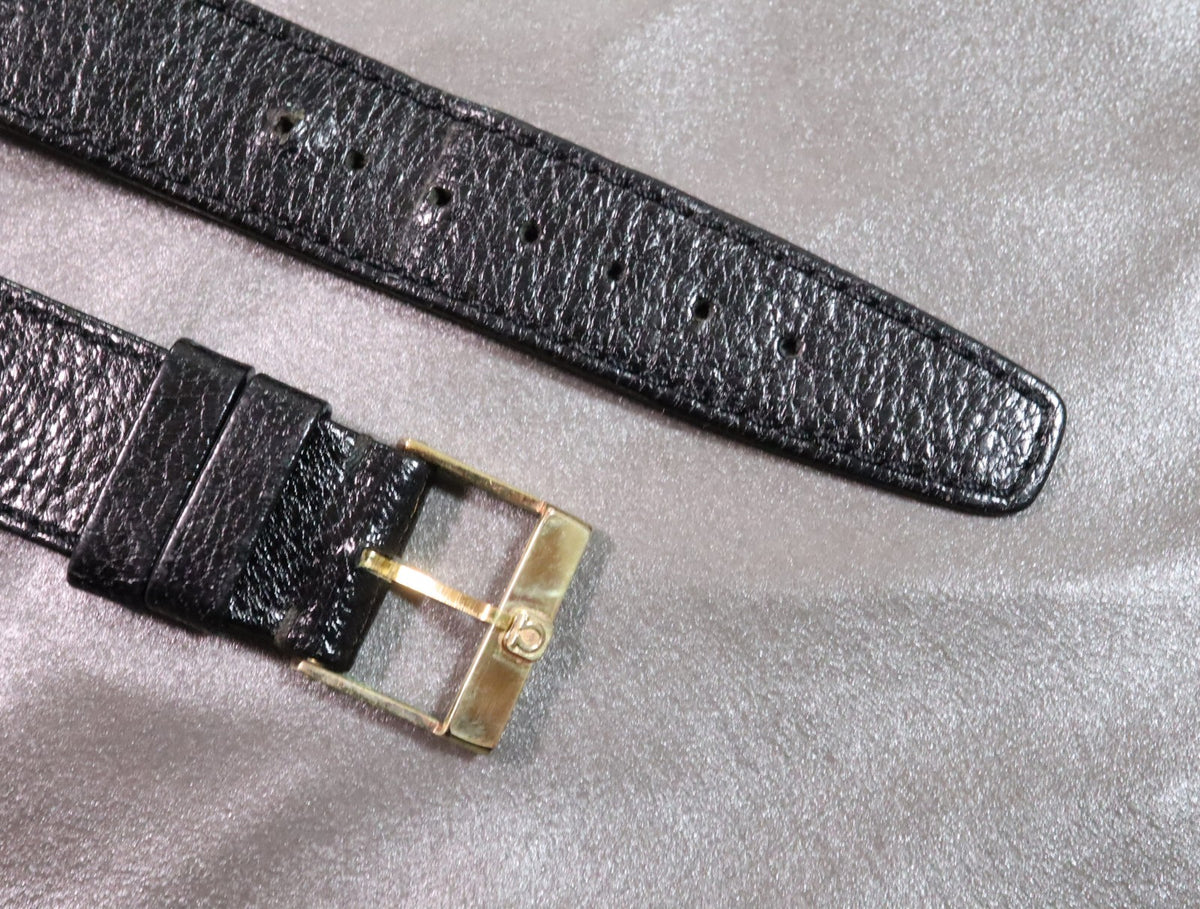 Near MINT OMEGA Vintage Genuine Black Leather Strap 19mm Gold Buckle Men's #2705