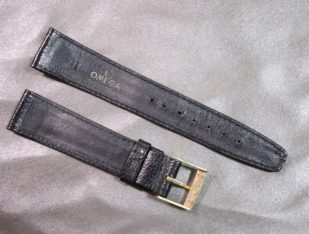 Near MINT OMEGA Vintage Genuine Black Leather Strap 19mm Gold Buckle Men's #2705