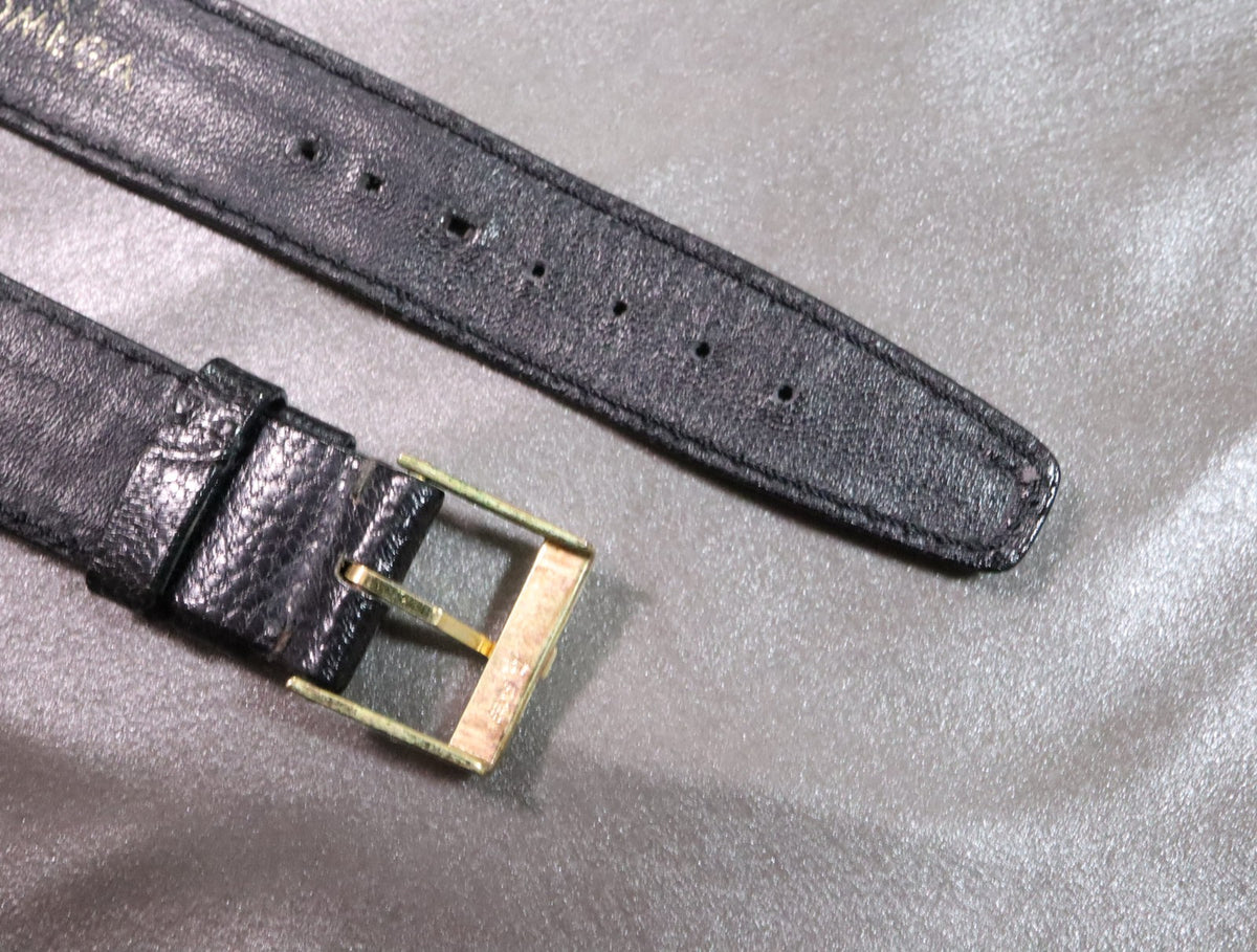Near MINT OMEGA Vintage Genuine Black Leather Strap 19mm Gold Buckle Men's #2705