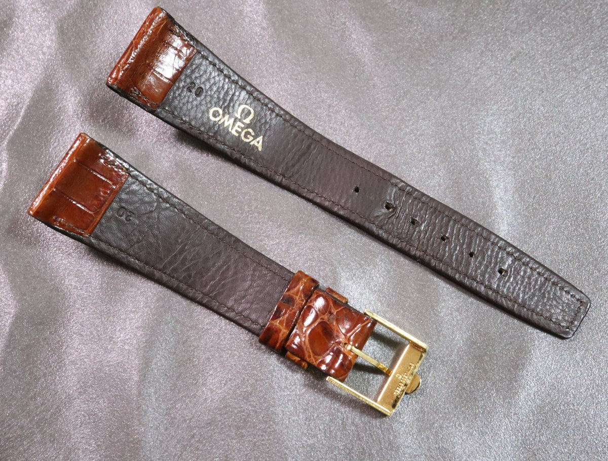 Near MINT OMEGA Vintage Genuine Brown Leather Strap 20mm Gold Buckle Men's #2877