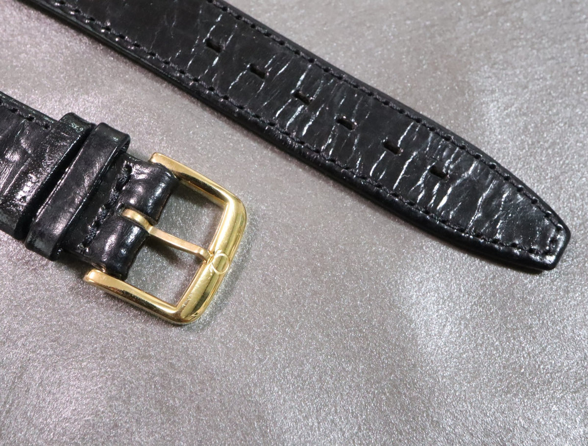 MINT OMEGA Vintage Genuine Black Leather Strap 19mm Gold Buckle Men's #2762