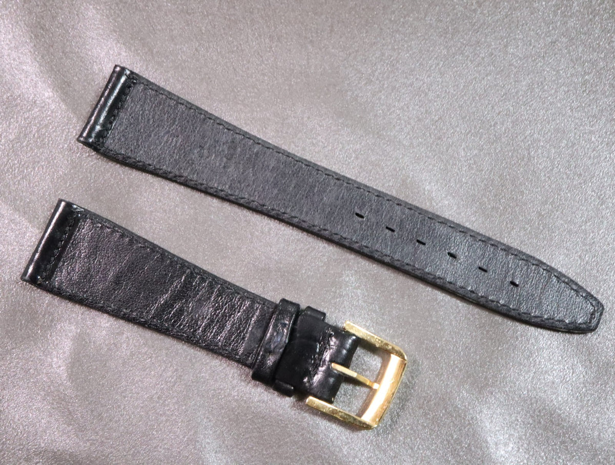 MINT OMEGA Vintage Genuine Black Leather Strap 19mm Gold Buckle Men's #2762