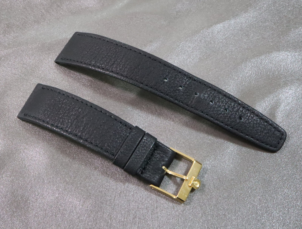 Near MINT OMEGA Vintage Genuine Black Leather Strap 18mm Gold Buckle Men's #3032