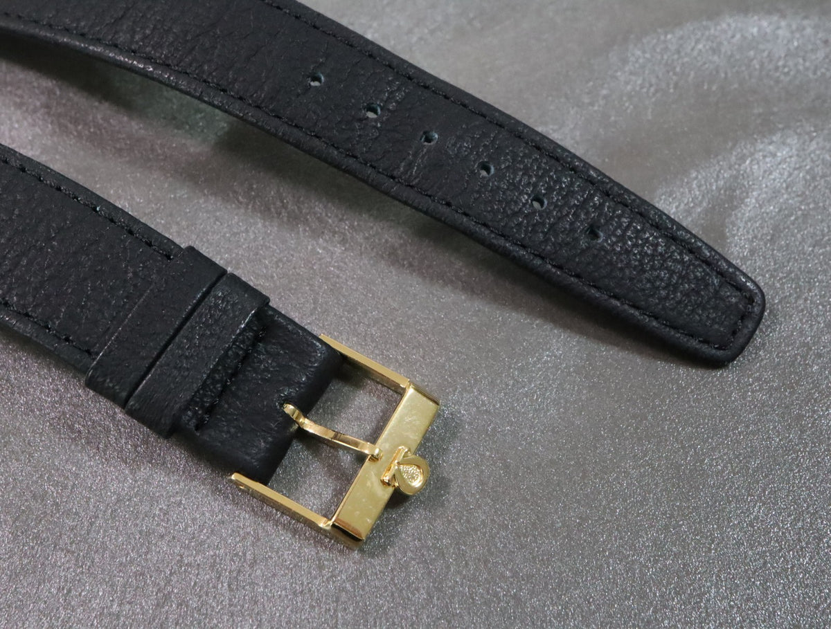 Near MINT OMEGA Vintage Genuine Black Leather Strap 18mm Gold Buckle Men's #3032