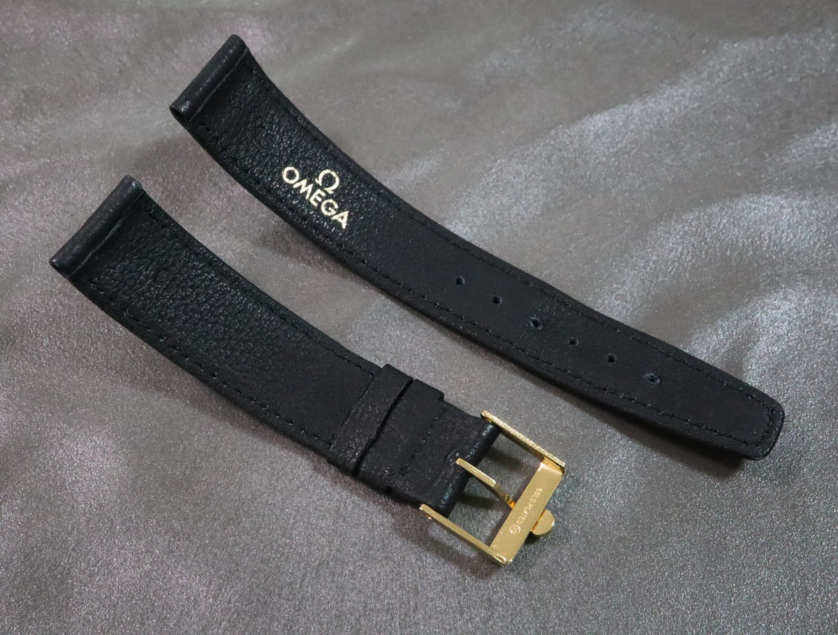 Near MINT OMEGA Vintage Genuine Black Leather Strap 18mm Gold Buckle Men's #3032