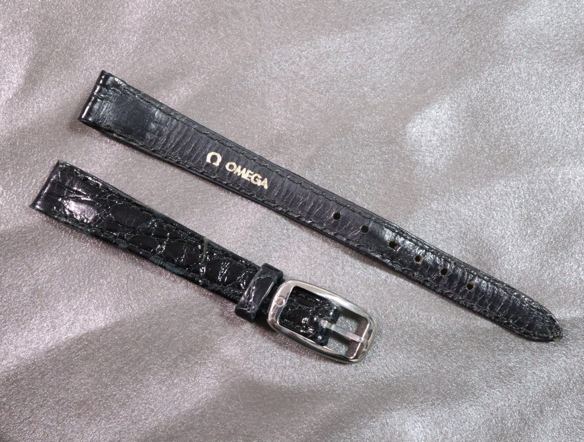 Near MINT OMEGA Vintage Black Leather Strap 11mm Silver Buckle Women's #2906