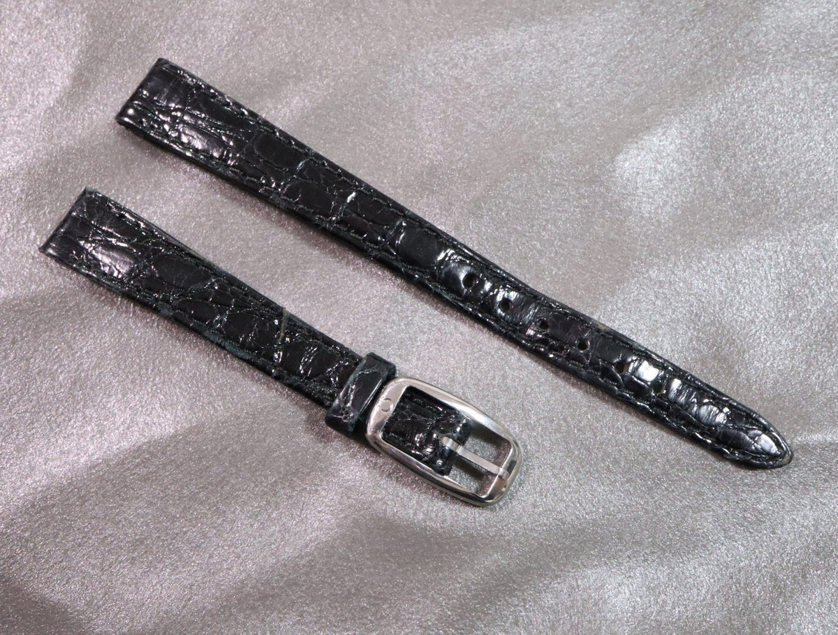 Near MINT OMEGA Vintage Black Leather Strap 11mm Silver Buckle Women's #2906