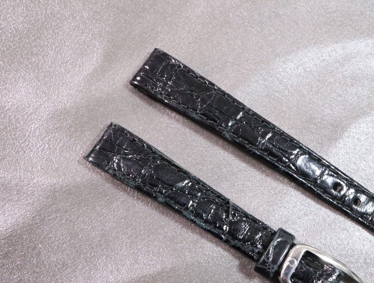 Near MINT OMEGA Vintage Black Leather Strap 11mm Silver Buckle Women's #2906