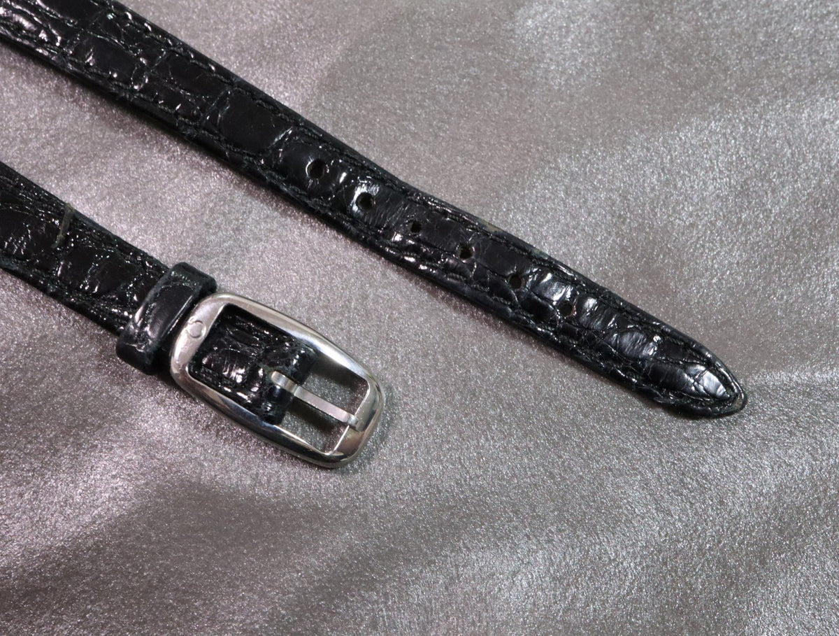 Near MINT OMEGA Vintage Black Leather Strap 11mm Silver Buckle Women's #2906