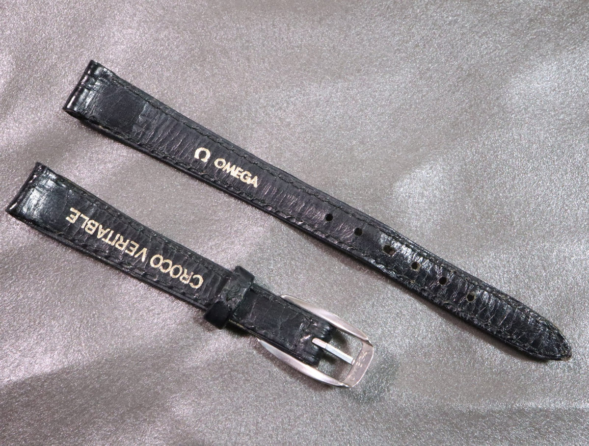 Near MINT OMEGA Vintage Black Leather Strap 11mm Silver Buckle Women's #2906