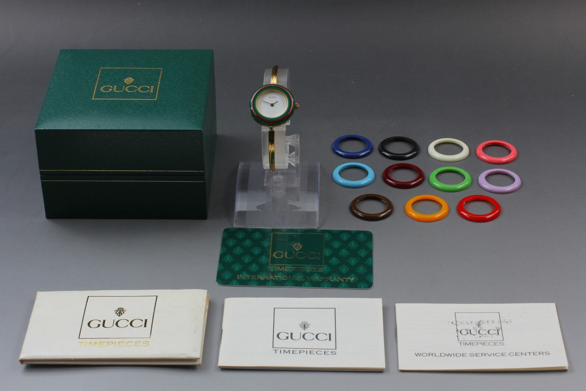 Full Set Near MINT GUCCI Change Bezel 12 Colors 26mm 11/12.2 Quartz Gold Women's
