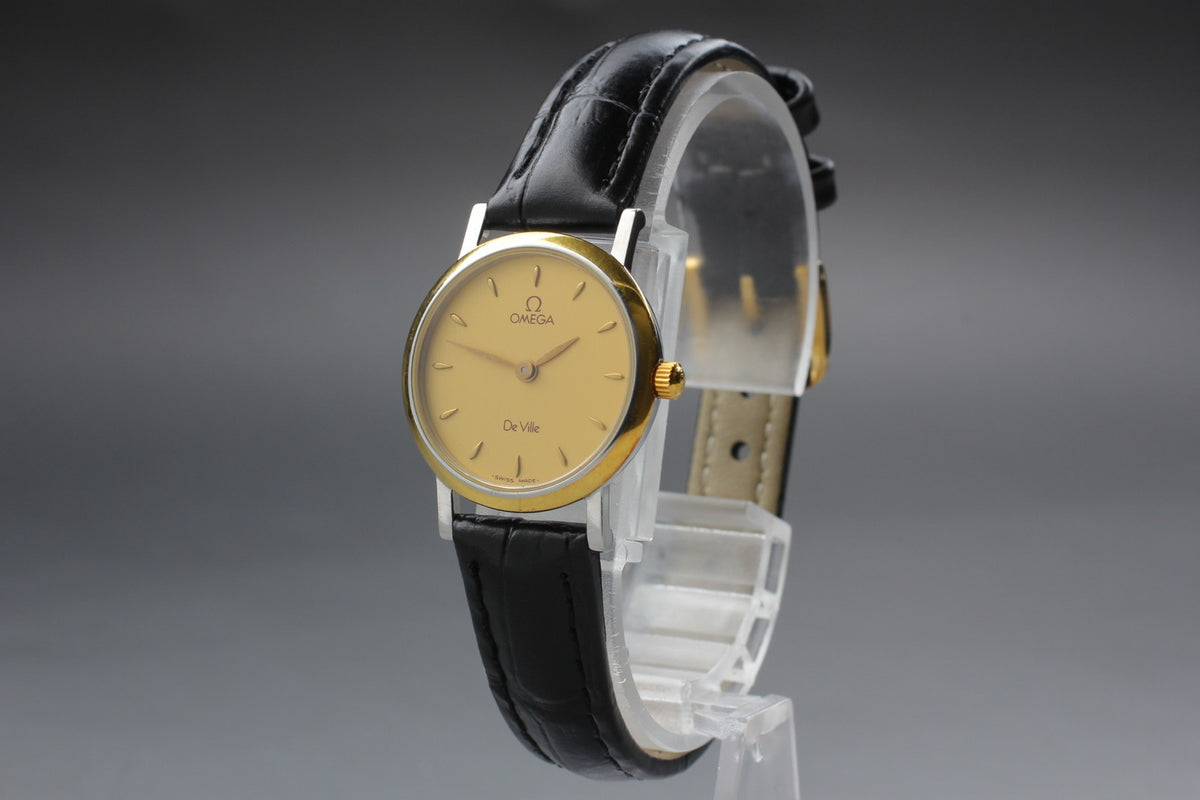 1993 Near MINT OMEGA De Ville 23mm 595.1111 Quartz Gold Dial Women's Vintage