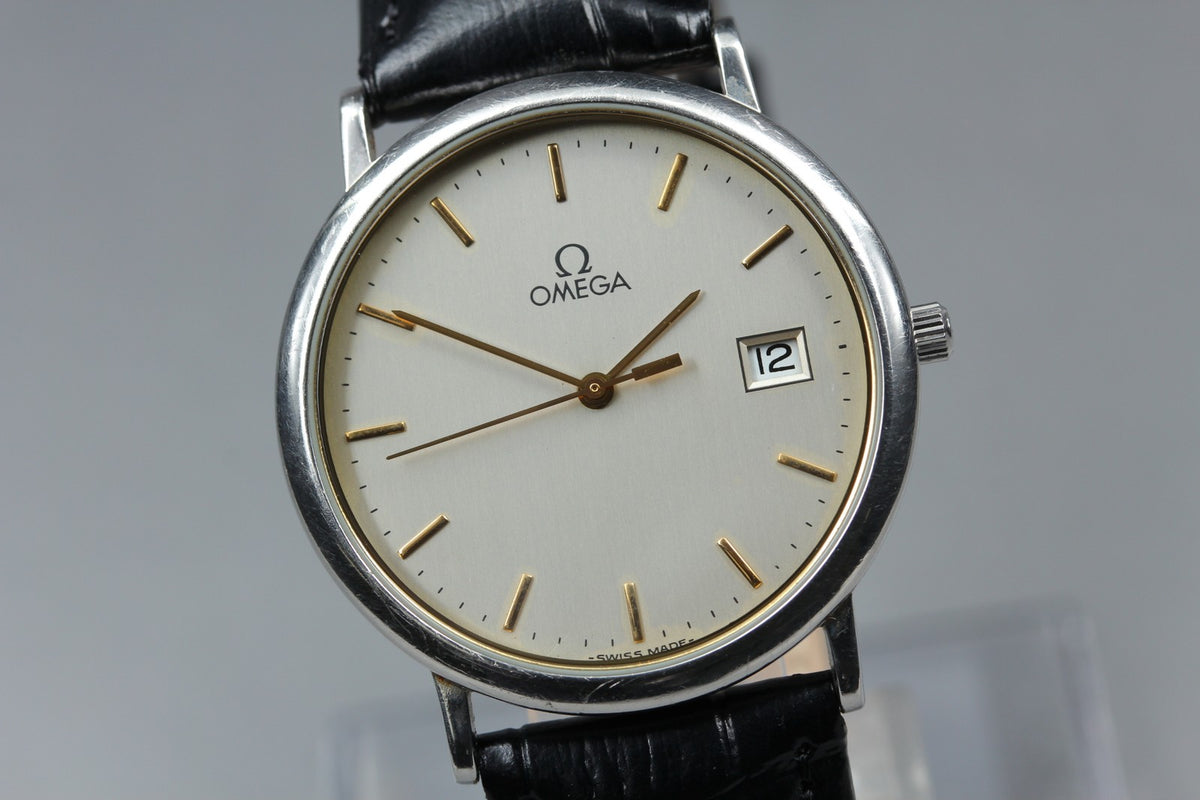 Near MINT OMEGA De Ville 32mm 196.0312.1 Quartz Silver Dial Men's Watch Vintage