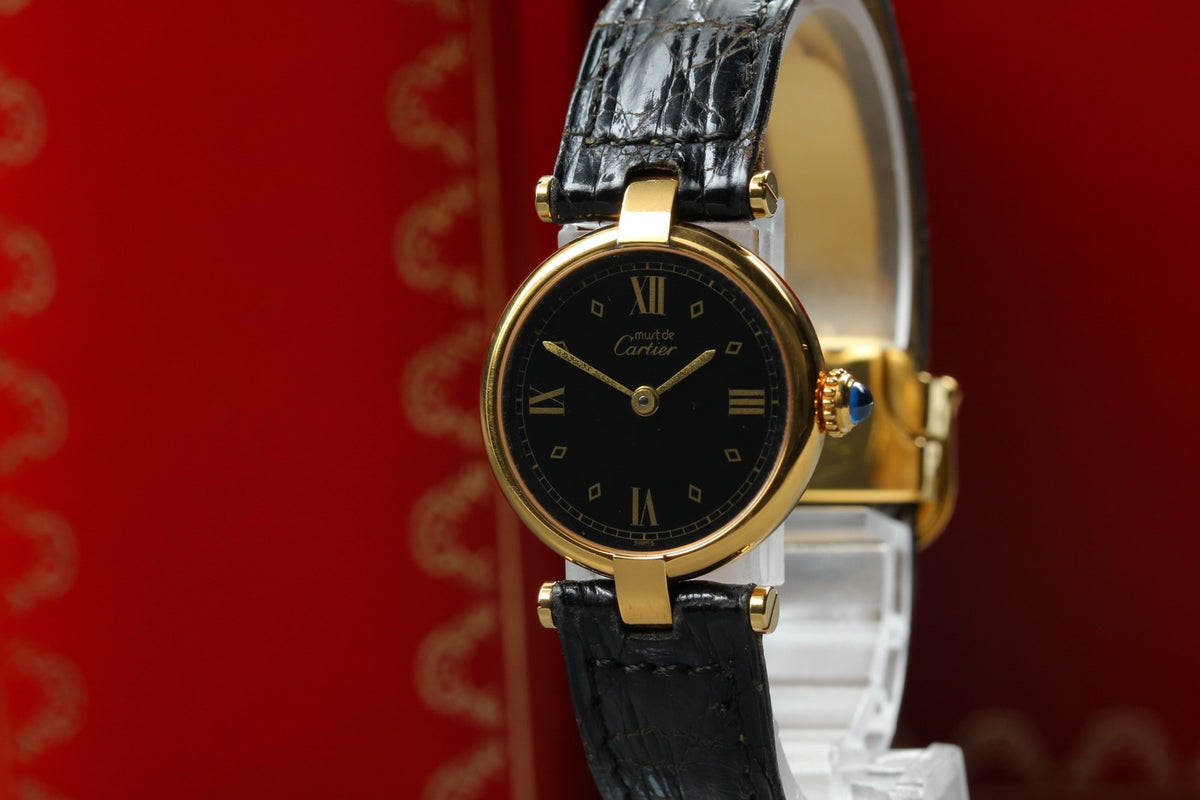 1990s Near MINT/Box Cartier Must de Vendome SM 24mm 590004 Quartz Black Women's