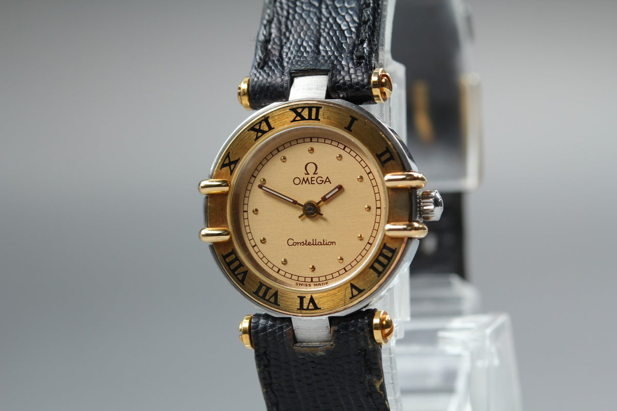 1986 Near MINT OMEGA Constellation 22mm 595.1080 Quartz Gold Dial Women Vintage