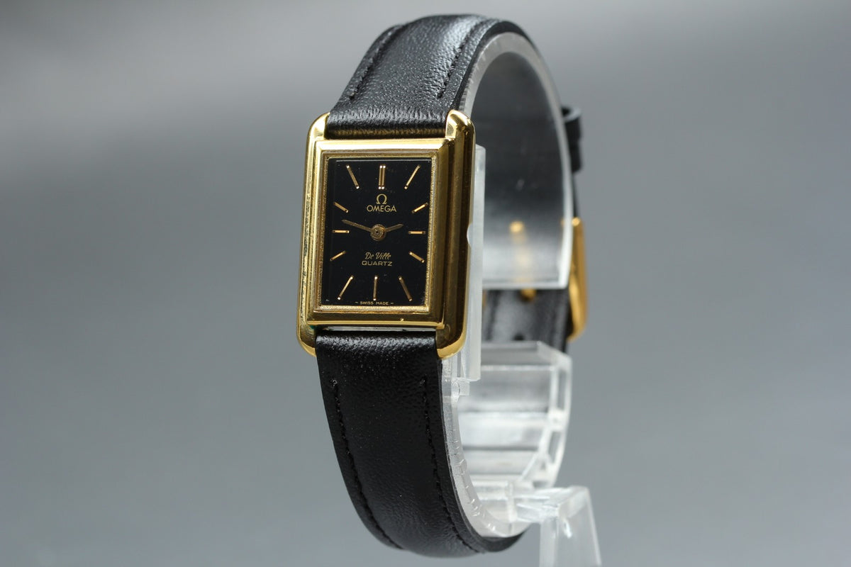 1980 Near MINT OMEGA De Ville 20mm 591.0029 Quartz Black Dial Tank Women Vintage